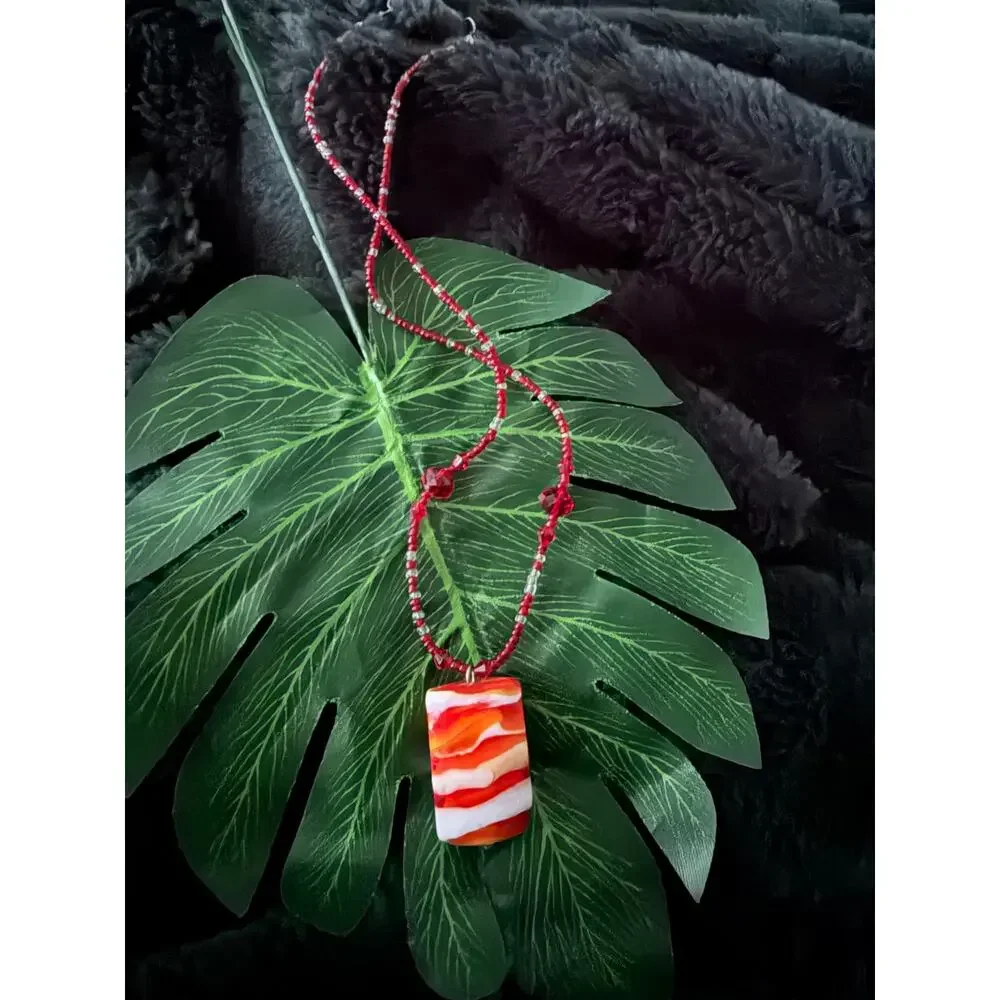 Red Orange White Swirl Art Glass Pendant Beaded Necklace Boho Y2K Statement